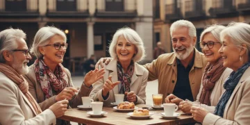 Smiling Spanish seniors discussing retirement plans for 2026