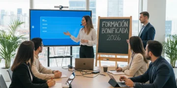 Diverse employees learning in modern Spanish office, representing subsidized training benefits.