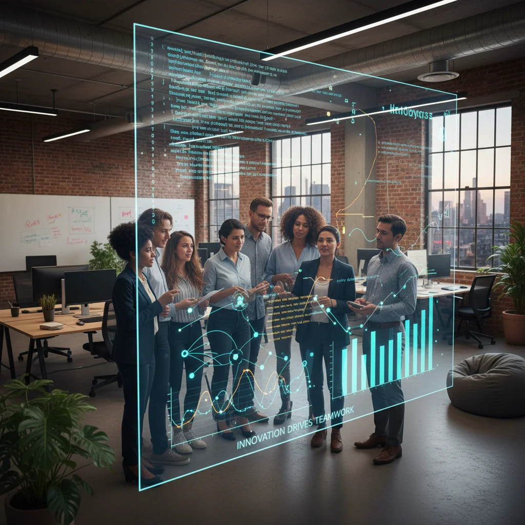 Diverse professionals collaborating in a tech-focused office with data on screen.