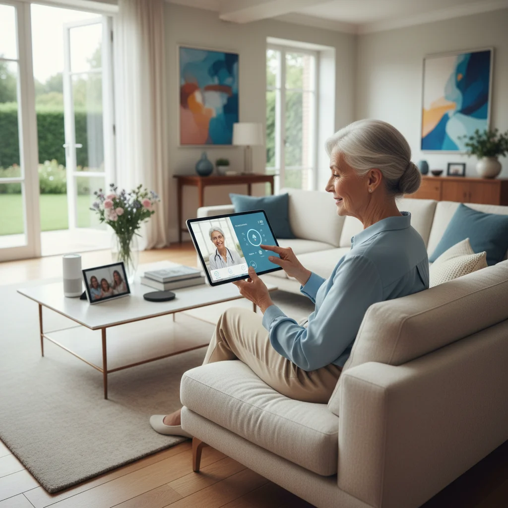 Elderly person using tablet for telemedicine at home