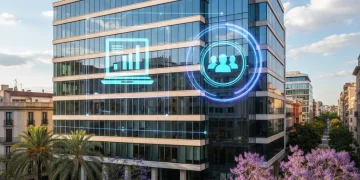 Modern office building reflecting telework impact in Spain