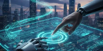 Human and AI collaboration in a futuristic workplace, symbolizing the evolving job market.