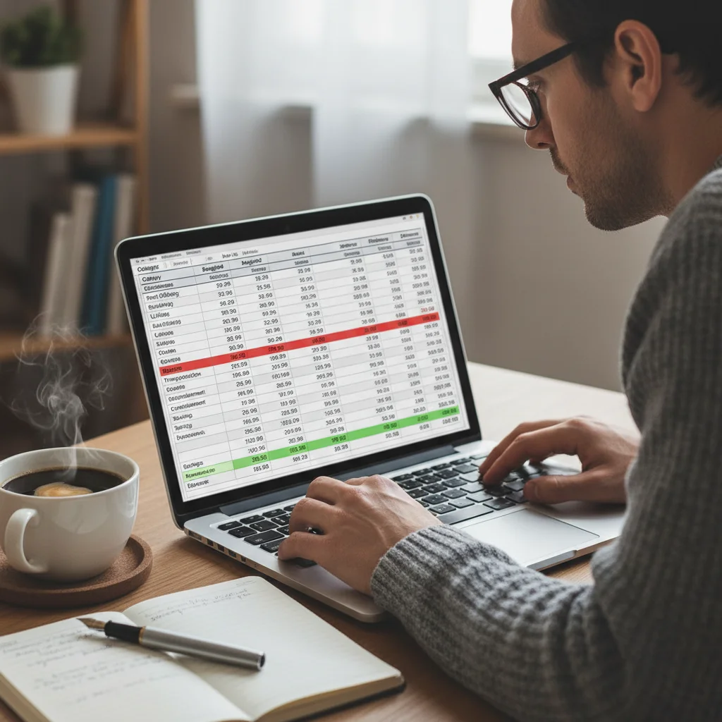 Person reviewing detailed budget spreadsheet on laptop, focusing on expense tracking and financial planning.