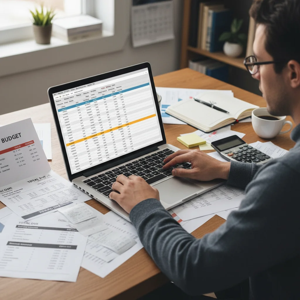 Person meticulously tracking budget and loan payments on a laptop