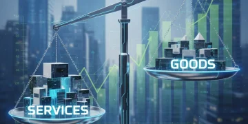Balance scale showing services outweighing goods in consumer spending forecast for 2026