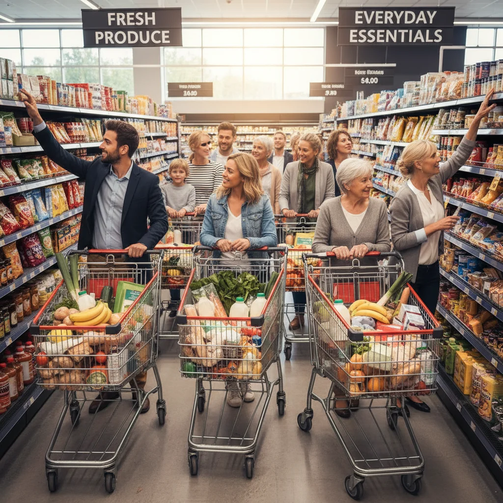Diverse consumers shopping in a supermarket, symbolizing increased purchasing power.