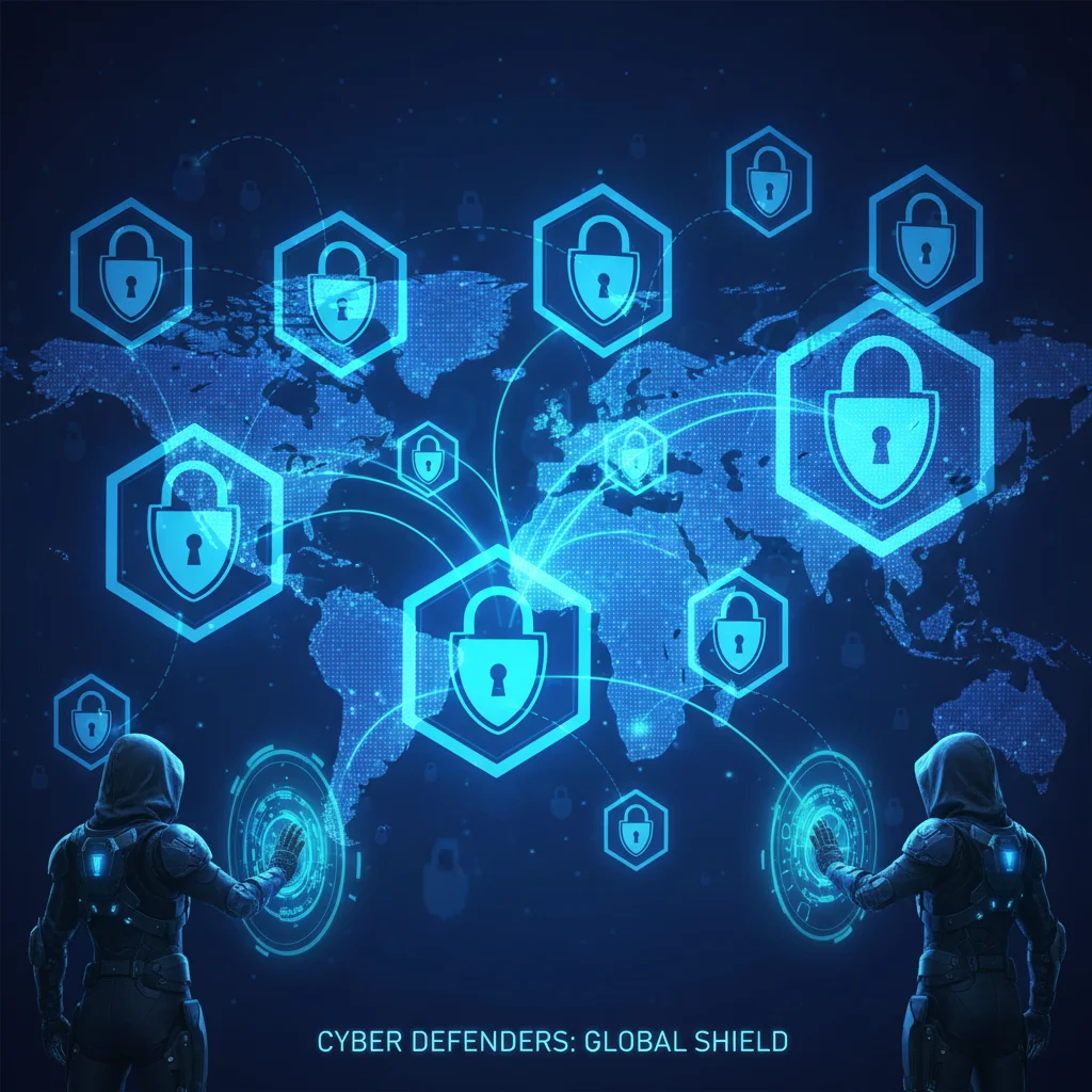Cybersecurity network with digital locks protecting global data.
