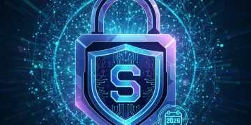Digital lock and shield icon over a data network, symbolizing future personal data protection.