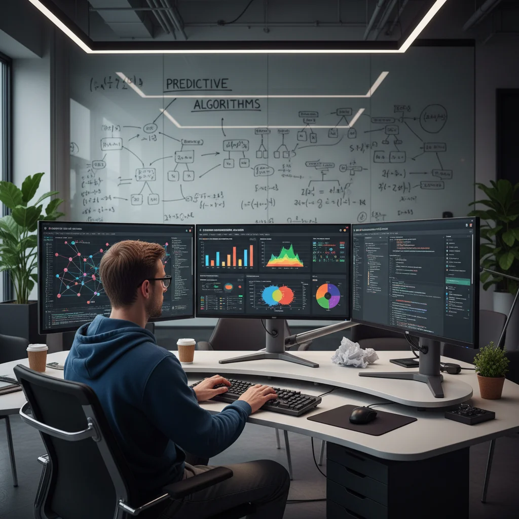 Data scientist analyzing complex data on multiple screens in a modern office.