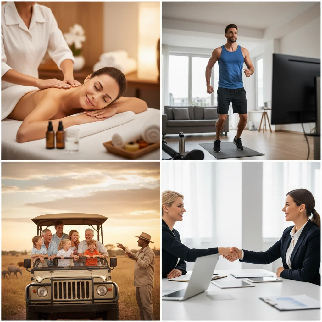 People enjoying diverse service-based experiences like travel, wellness, and education