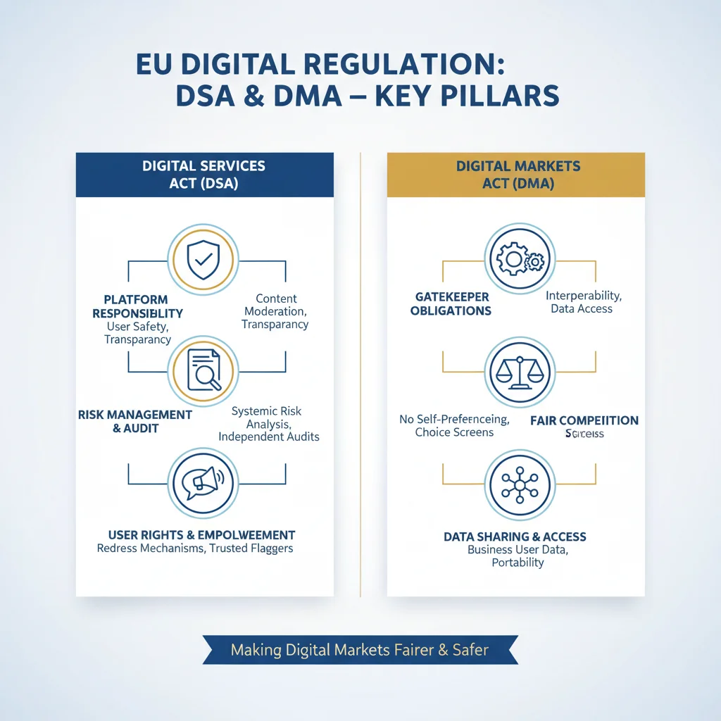 Infographic detailing key pillars of EU Digital Services Act and Digital Markets Act.