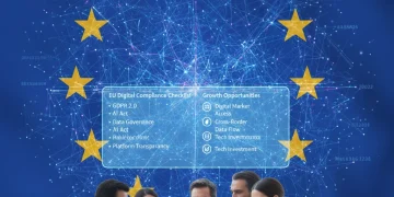 European Union flag with digital network, Spanish businesses preparing for 2026 regulations.