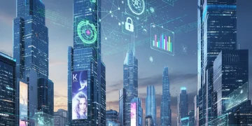 Futuristic cityscape with tech icons symbolizing high-demand tech careers in 2026.