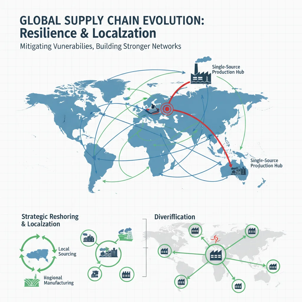 Infographic illustrating global supply chain resilience and reshoring strategies.
