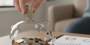 Hand placing coin into piggy bank with financial spreadsheet, symbolizing household savings and financial planning.