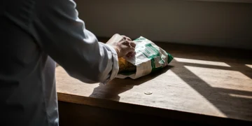 A person reaches into a crumpled grocery bag on a worn wooden table, a tarnished brass coin nearby, symbolizing the impact of economic shifts on daily expenses and purchasing power.