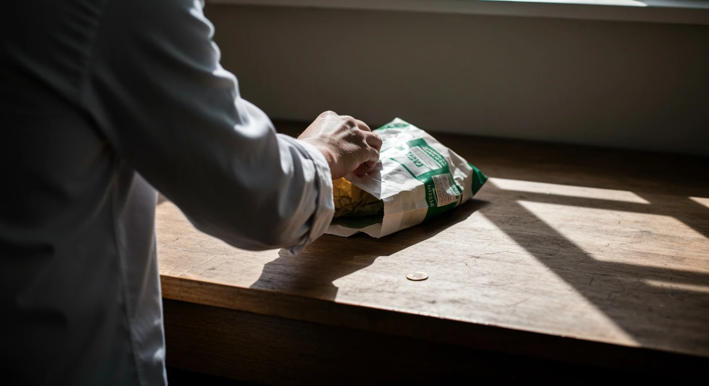 A person reaches into a crumpled grocery bag on a worn wooden table, a tarnished brass coin nearby, symbolizing the impact of economic shifts on daily expenses and purchasing power.