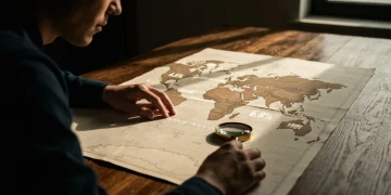A person's hands examining a weathered world map with projected economic data like inflation and GDP, symbolizing the interconnectedness of global economic trends on daily life.