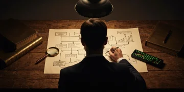 A person viewing a hand-drawn diagram illustrating the interconnectedness of career and financial planning on a wooden workbench, surrounded by finance ledgers and a magnifying glass, under dramatic lighting.