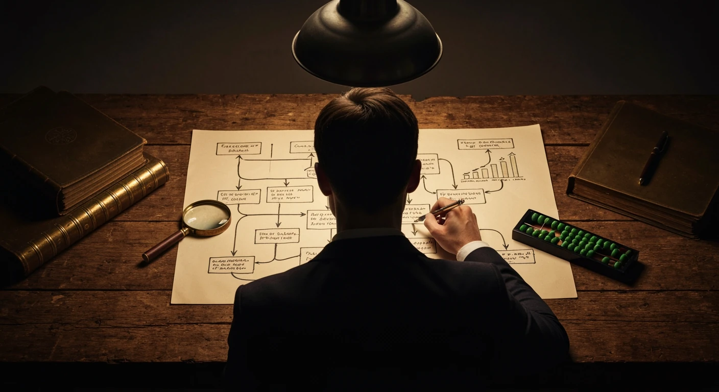 A person viewing a hand-drawn diagram illustrating the interconnectedness of career and financial planning on a wooden workbench, surrounded by finance ledgers and a magnifying glass, under dramatic lighting.