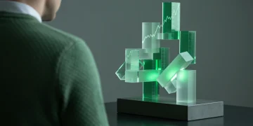 A person observing a minimalist green geometric sculpture, symbolizing economic trends and financial data, with soft backlighting.