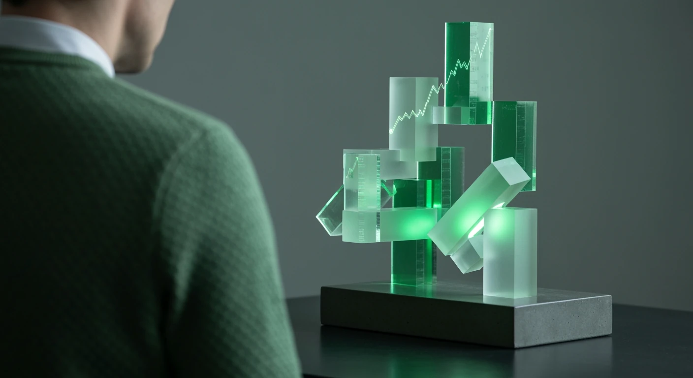 A person observing a minimalist green geometric sculpture, symbolizing economic trends and financial data, with soft backlighting.