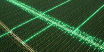 Aerial view of geometric green fields intersected by glowing data streams, symbolizing economic indicators like GDP and inflation, with a person observing.
