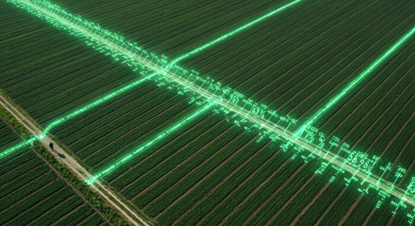 Aerial view of geometric green fields intersected by glowing data streams, symbolizing economic indicators like GDP and inflation, with a person observing.