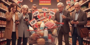 Inflation impacting Spanish consumer spending with rising prices in a shopping cart.
