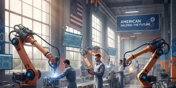 Modern American factory with robots and skilled workers, symbolizing manufacturing growth.