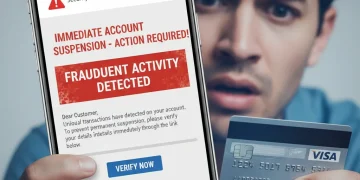 Smartphone displaying a phishing email, a credit card, and a stressed person, symbolizing online scam prevention.