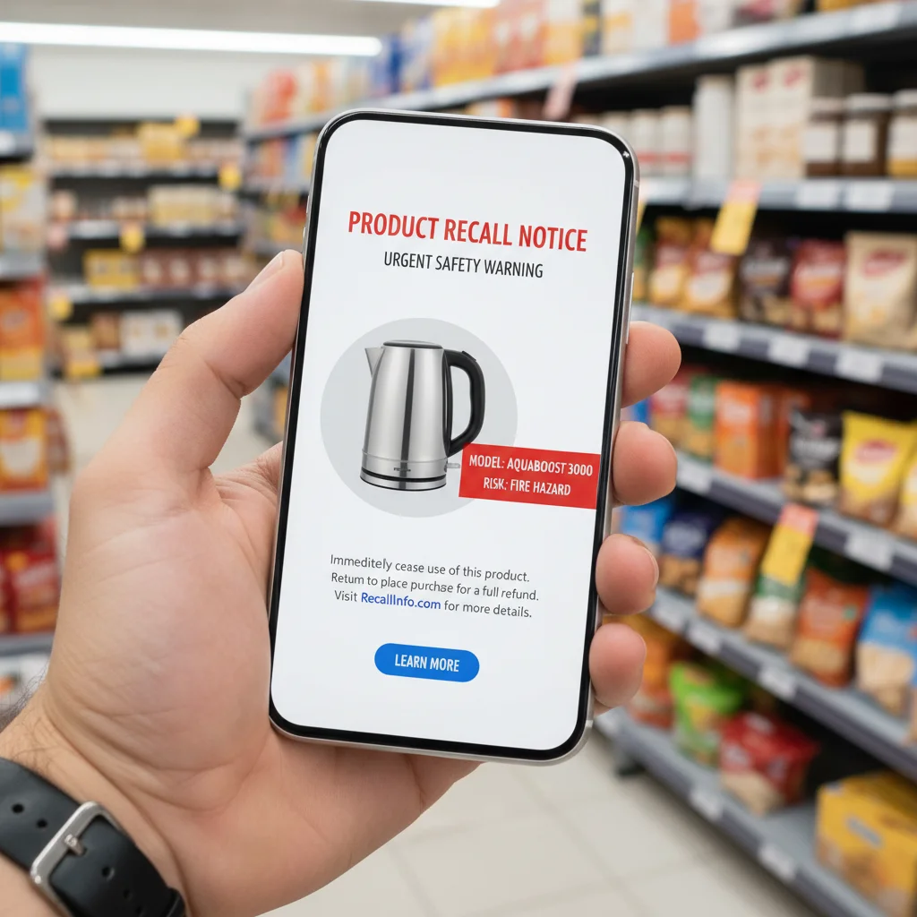 Smartphone displaying a product recall notification, emphasizing consumer awareness.