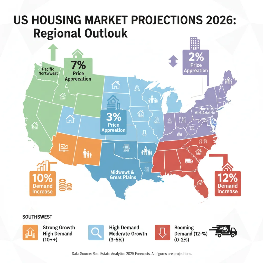 Infographic showing regional housing market demand and price changes across the US in 2026