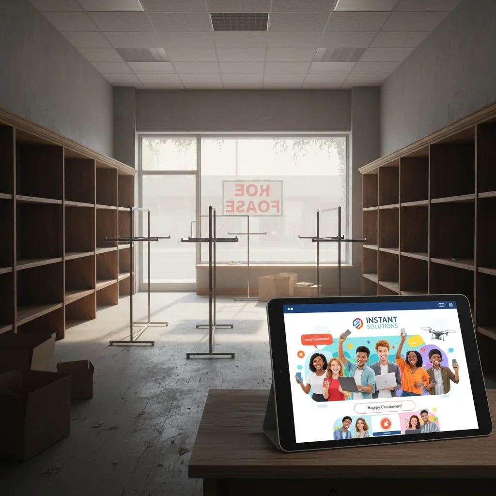 Empty retail store contrasting with a thriving online service platform
