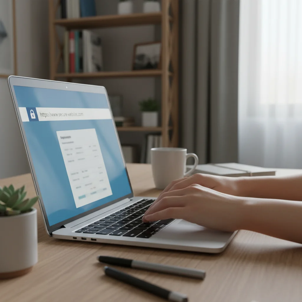 Hands typing on a laptop with a padlock icon on screen, representing secure online practices.