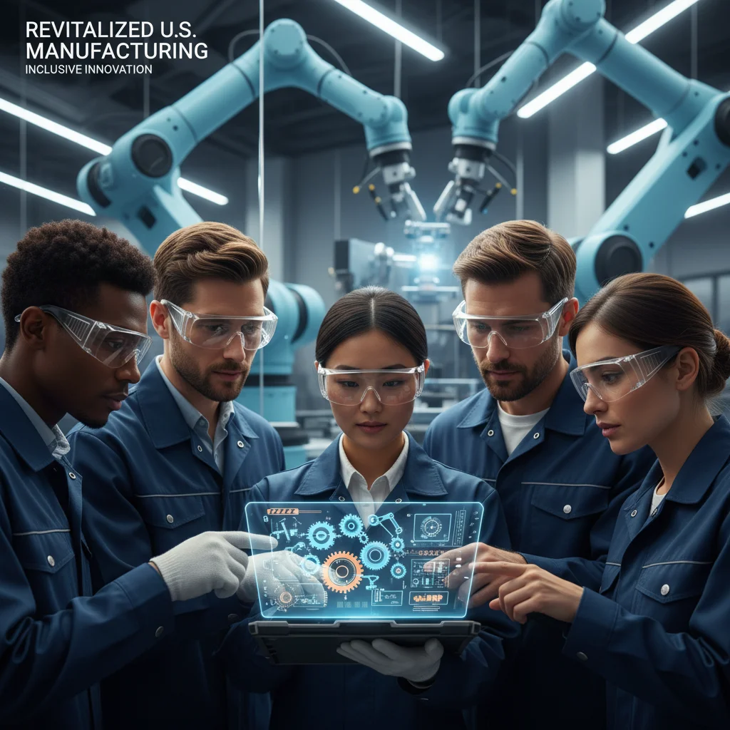 Diverse skilled workers collaborating on a high-tech manufacturing project.
