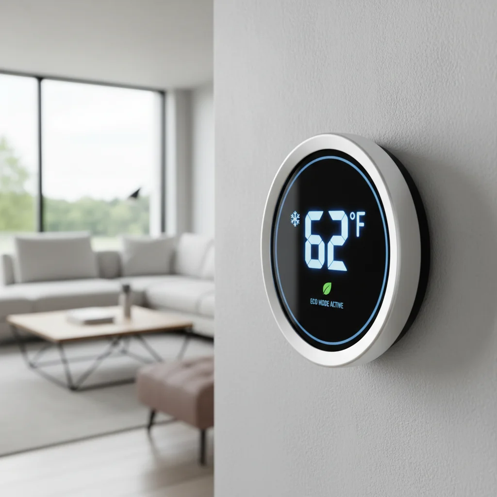 Smart thermostat displaying energy-saving temperature in a modern living room.