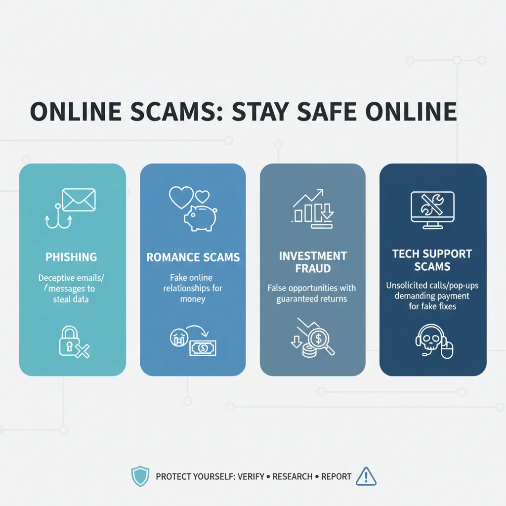 Infographic illustrating various types of online scams like phishing, romance, and investment fraud.