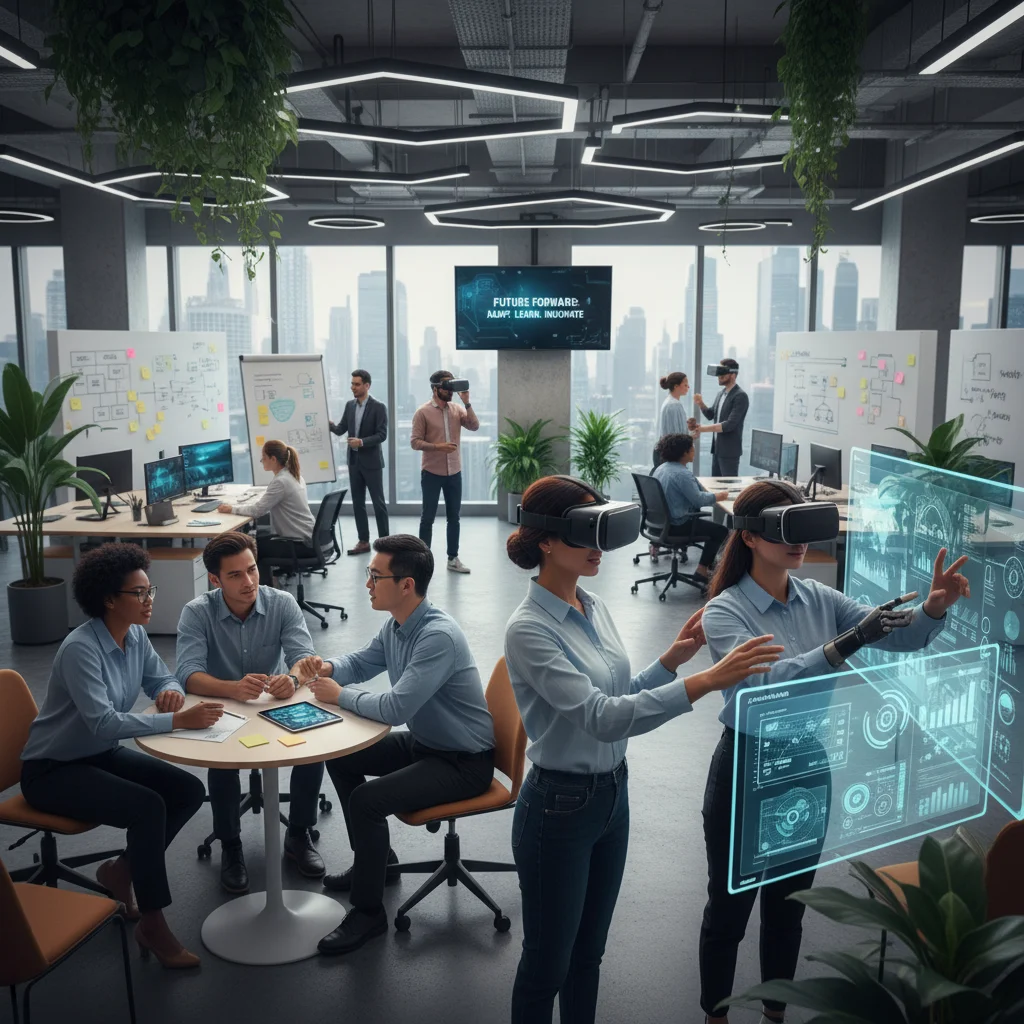 Professionals collaborating and learning new skills in a modern, technology-integrated office environment.