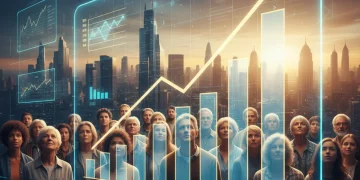 Diverse group looking at optimistic 2026 economic forecast chart