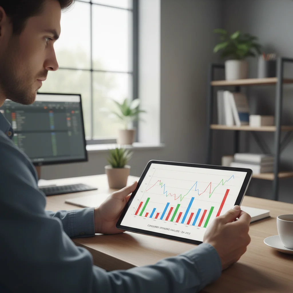 Individual analyzing consumer spending trends on tablet