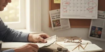 Person budgeting money for inflation in 2026 with calculator and bills