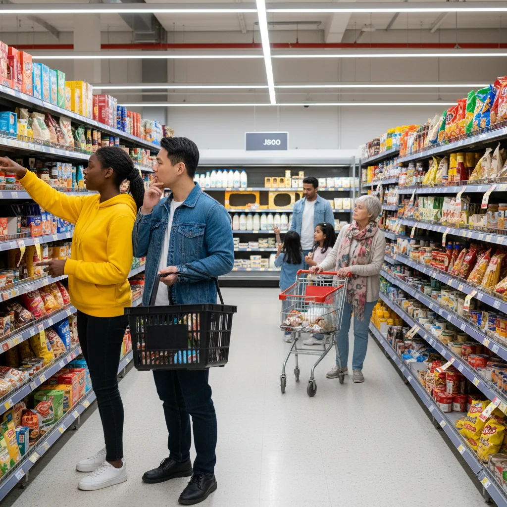 Consumers navigating supermarket aisles, observing varying product availability, reflecting shopping challenges.