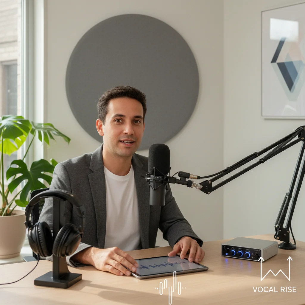Podcaster recording audio in a home studio, showcasing content creation skills.