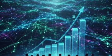Digital economy expansion visual with interconnected tech professionals and growth graph