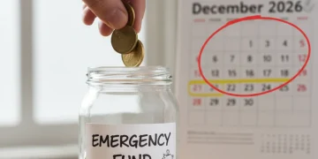 Emergency fund jar with calendar showing December 2026 goal