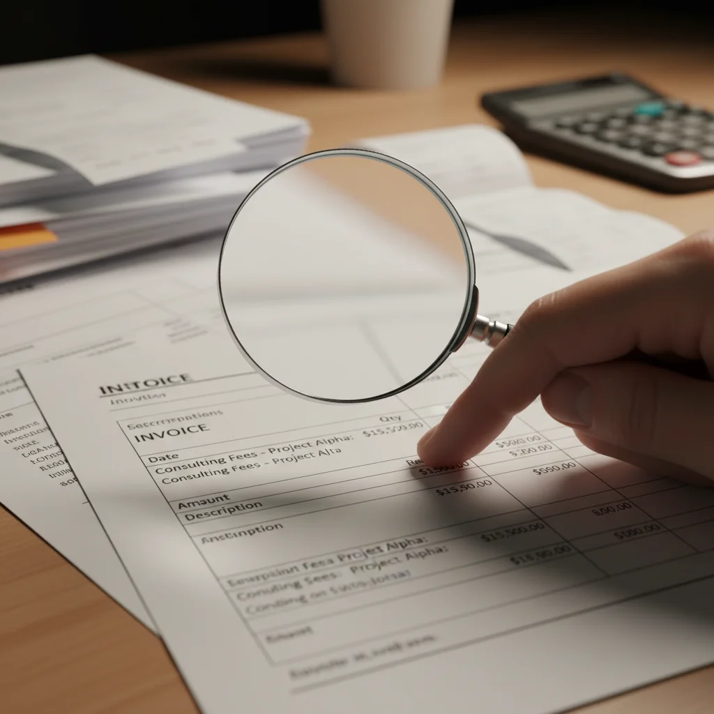 Magnifying glass examining a bill for errors and discrepancies