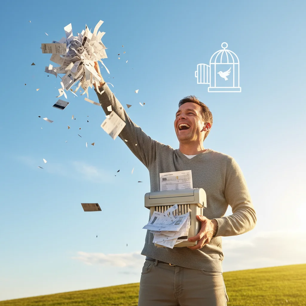 Person shredding debt documents, symbolizing financial freedom