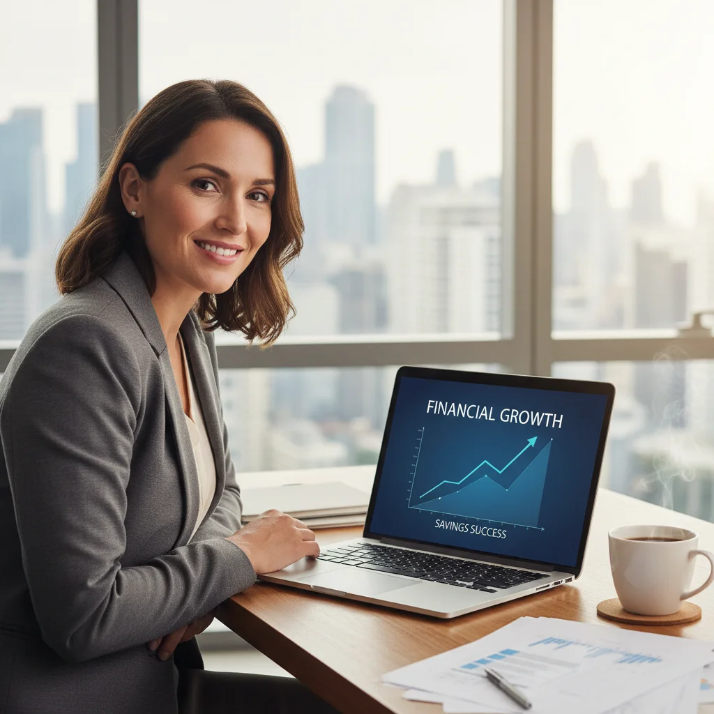 Person reviewing financial growth on laptop, successful savings