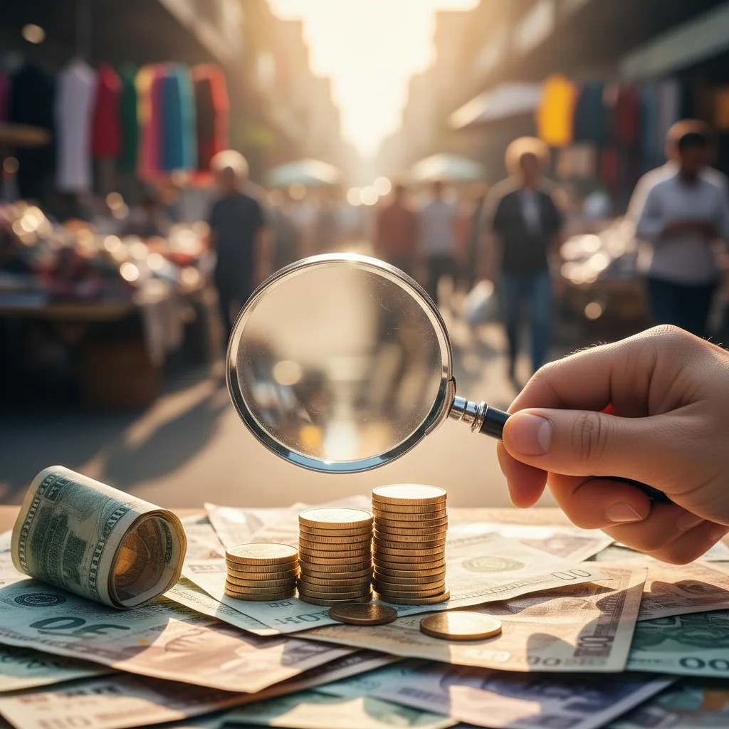 Magnifying glass over money, symbolizing financial scrutiny
